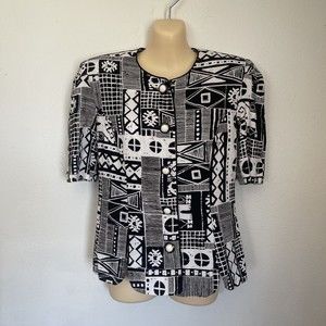 Miss Dorby Womens Size 10 No Collar Button Jacket SS Black & White Shoulder Pads